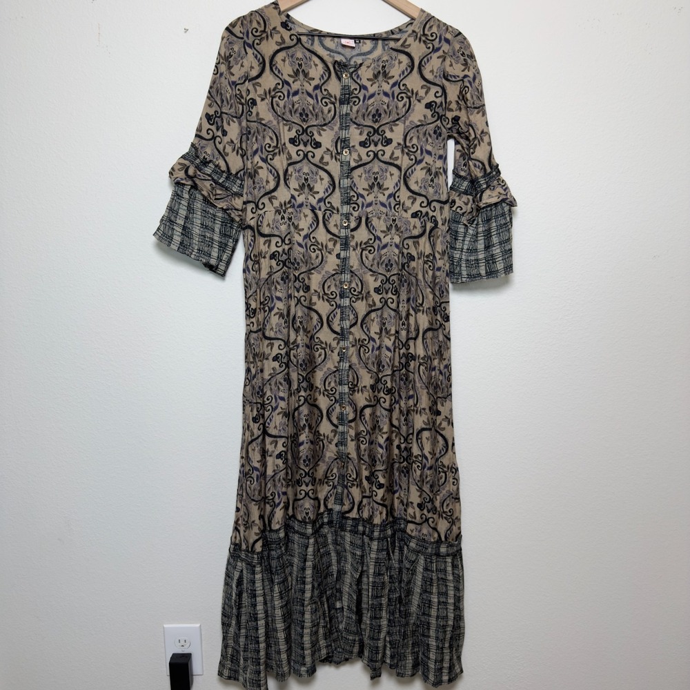 Bhakti Women Cottagecore Maxi Dress Medium Prairie Tiered Paisley Tan Patchwork